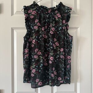 Spense Black Floral Ruffle Sleeveless Top with Pink & Blue Blooms